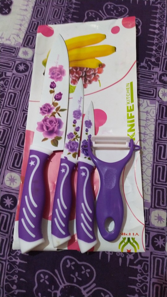 Pisau Satu Set Keramik Motif Bunga 4 In 1 Pisau Dapur Buah Pemotong Daging Serbaguna