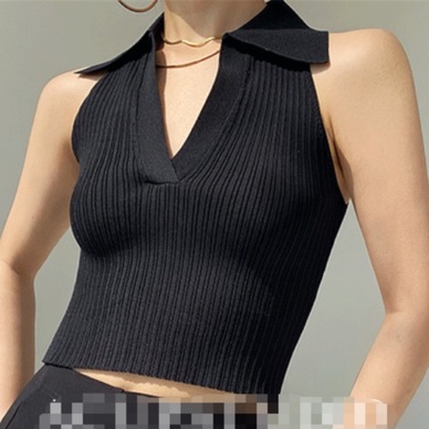 【Elegant】Summer  Knitting Halter Neck Sleeveless V-Neck Top 7496