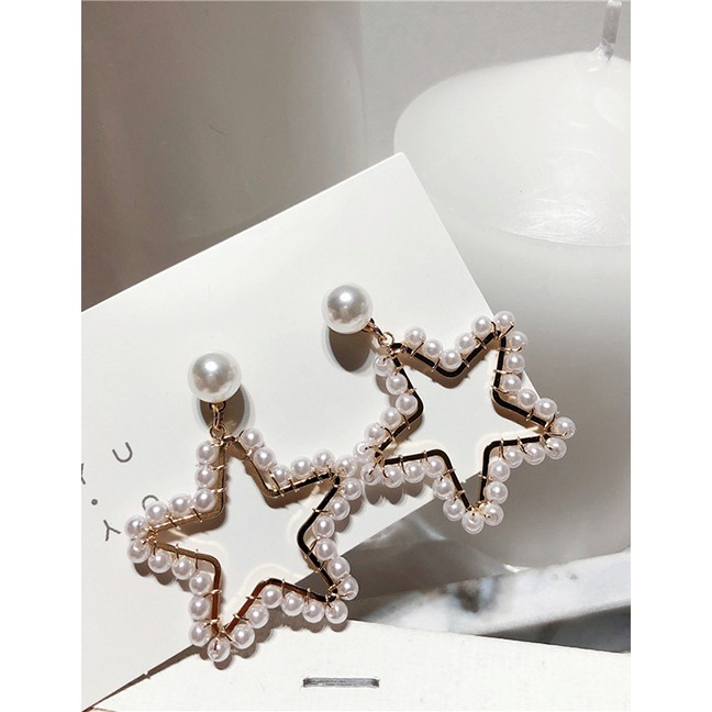 LRC Anting Tusuk Fashion Pentagram Needle Five-pointed Star Pearl Earrings F5033X