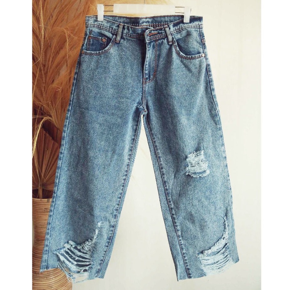 HOPYLOVY Celana Kulot Jeans Boyfriend Jeans Ripped Unfinished Auristela