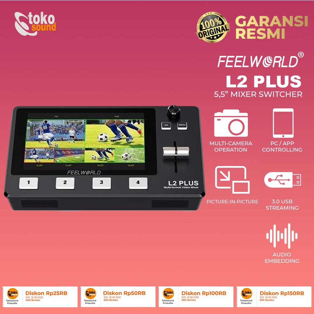 FeelWorld L2 Plus L2+ Multi-Camera Video Mixer Switcher with 5inch LCD