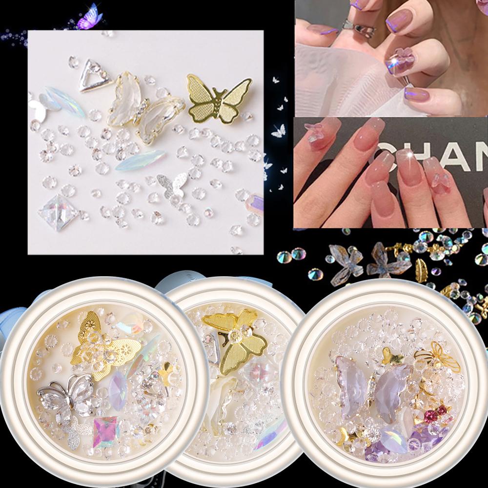 AUGUSTINA Agustina Butterfly Nail Rhinestones DIY Berlian Mengkilap Paduan Bunga Ukuran Campur Hiasan Kuku