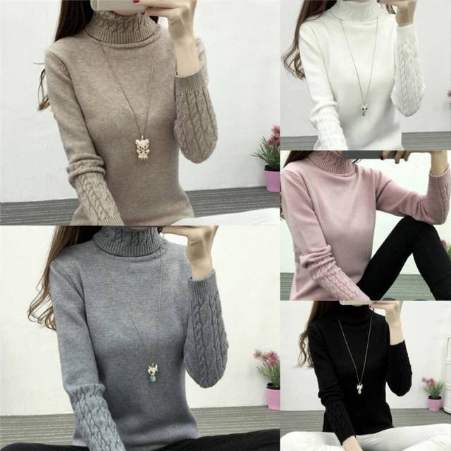 Turtleneck Slim Knitted Sweater Winter Import Baju Rajut Tangan Panjang Musim Dingin