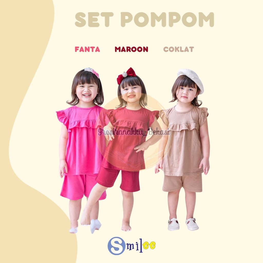 Setelan Anak Kaos Smilee Pompom mix warna size 1-5Thn