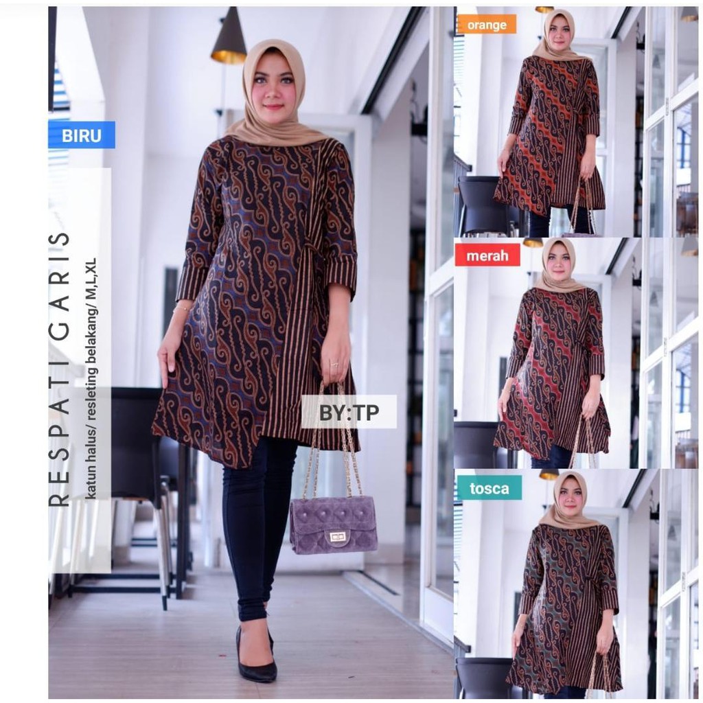 Tunik Respati Garis Layer Kombinasi Batik Sogan Modern Midi Casual Kerja Seragam Kantor Sogan Cantik