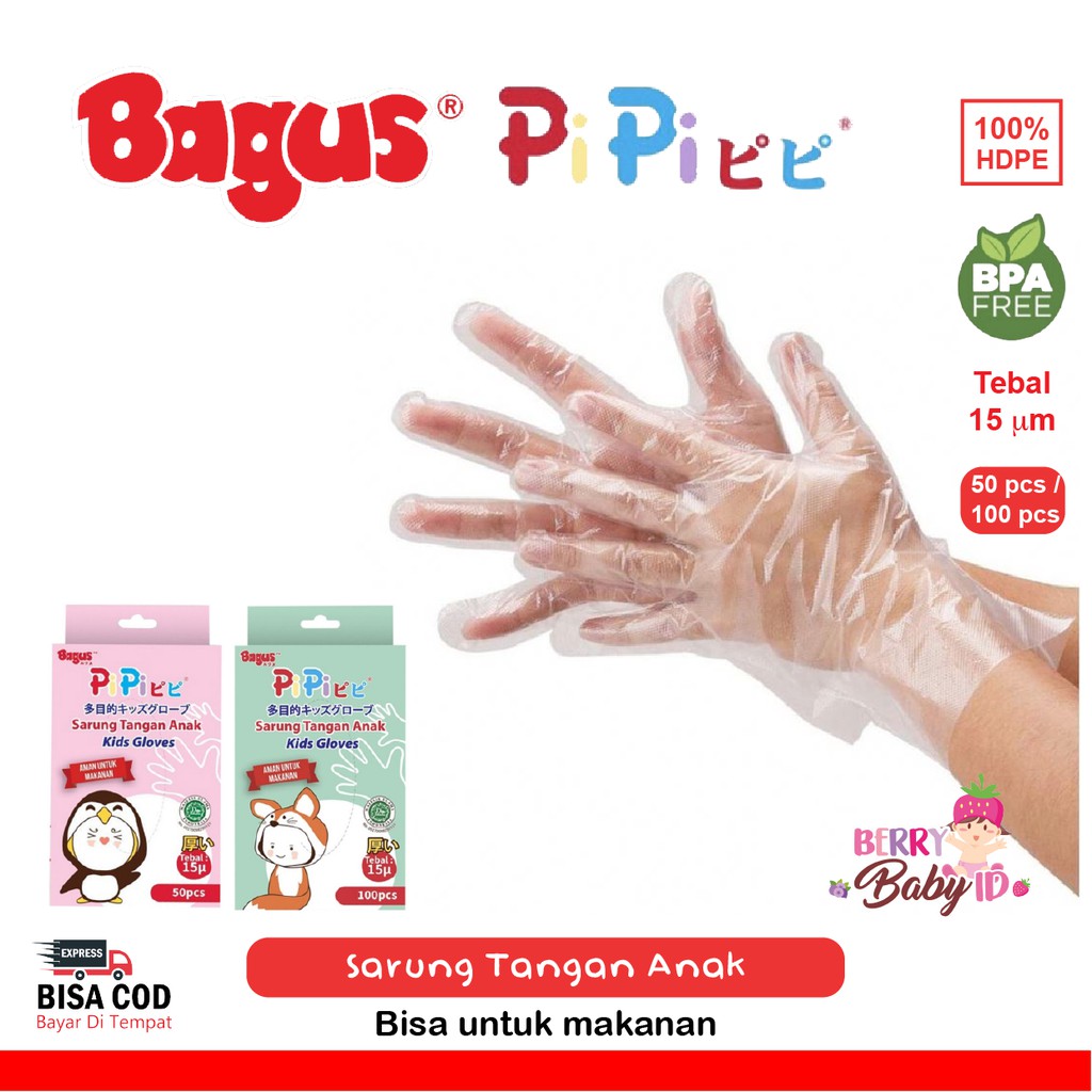 Bagus Pipi Sarung Tangan Anak Kids Plastic Gloves BPA Free 15µ Berry Mart