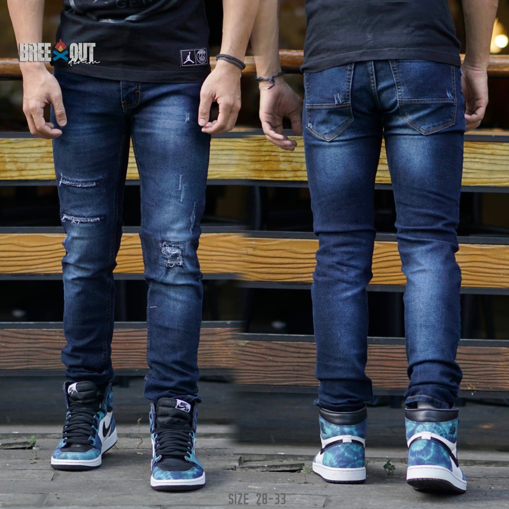 Celana Jeans Pria Sobek Skinny Bahan Soft Pants Jeans Strech Snow Hitam Slimfit Premium