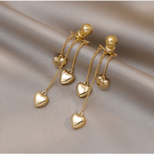 ANTING KOREA TUSUK TITANIUM WANITA TASSEL HEART ANTING TUSUK PANJANG RUMBAI WARNA GOLD AKSESORIS FASHION IMPORT ANT57