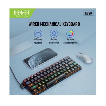 Keyboard gaming mechanical robot wired usb type-c 63 keys 60% tkl rainbow backlight kb20 kb-20