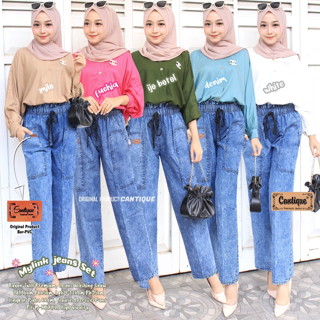 MYLINK JEANS SET BY CANTIQUE SETELAN ONE SET SETCEL BLOUSE CELANA JEANS WANITA JUMBO CASUAL RAYON TW