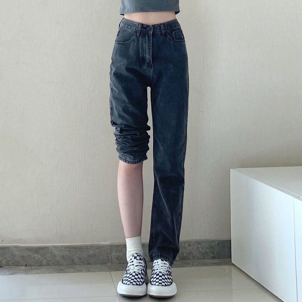 hitam new high waist straight leg celana jeans panjang wanita