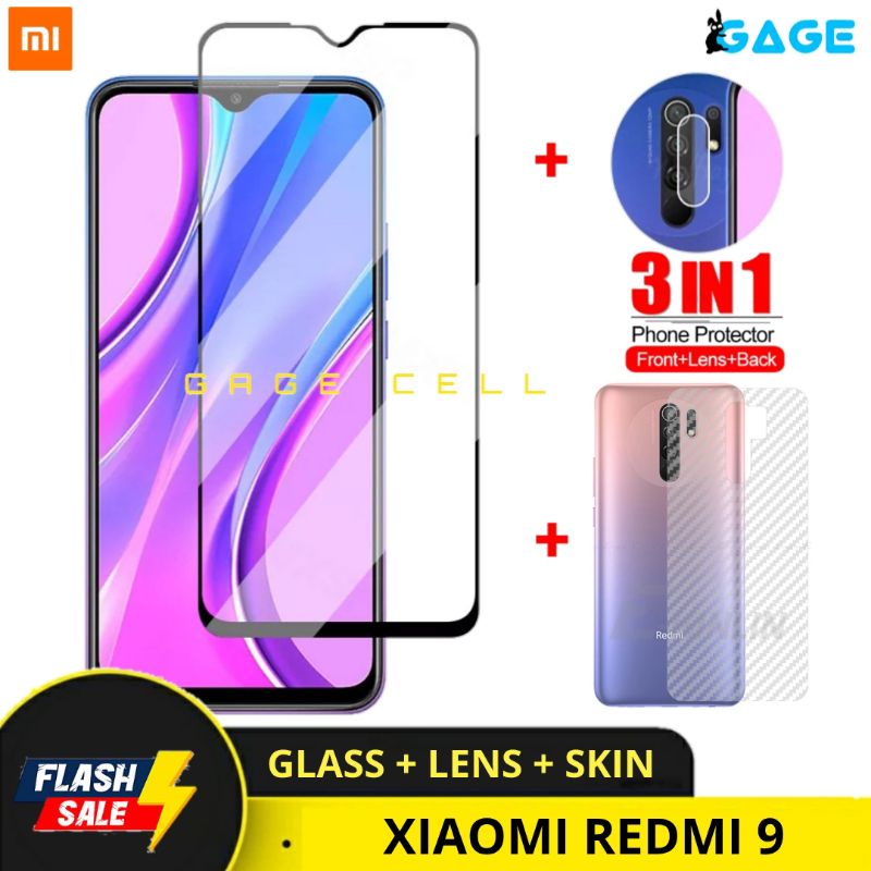 PROMO 3IN1 TEMPERED GLASS LAYAR KAMERA SKIN CARBON REDMI 9 REDMI9 TG ANTI GORES DEPAN BELAKANG