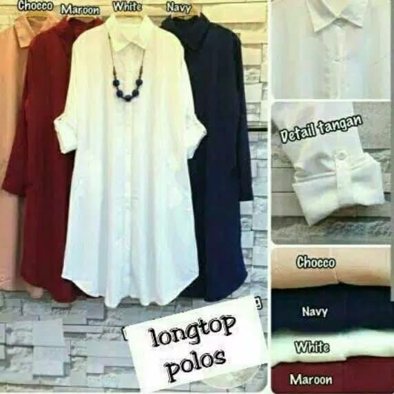 ➶ baju atasan long kemeja kantor tunik polos - Putih, L ⅍