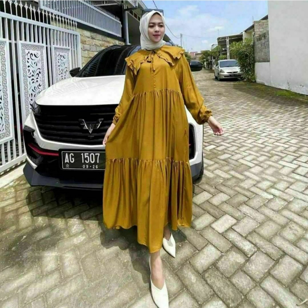 Rena Gamis Jumbo Midi Rempel Rayon Premium Dress Wanita Polos Lengan Panjang Baju Wanita Busui Bigsize LD 110  cm