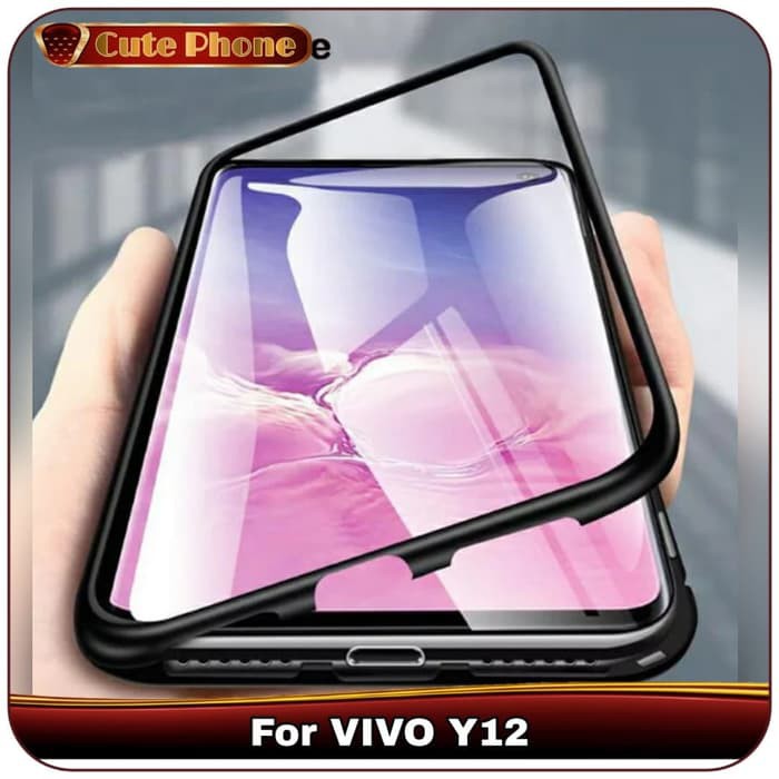 Casing VIVO Y12 Y 12 Hard Case Magnetic Metal Flip Tempered Glass