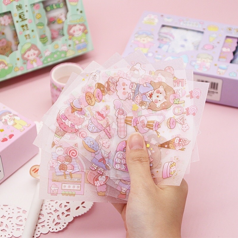 READY STOCK FANCY STICKER + WASHI TAPE BOX SET AESTHETIC LOVELY PINK KAWAII KIYOWO SELOTIP MOTIF LUCU WARNA WARNI CEWEK COWOK VIRAL TIKTOK ANAK PEREMPUAN REMAJA KOREA HP SCRAPBOOK JURNAL DIARY DEKORASI BUKU CATATAN DESAIN HEWAN DECO HADIAH ULANG TAHUN