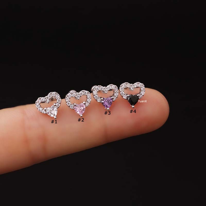 1pc Anting Tindik Tulang Rawan Telinga Bentuk Hati Ganda Bahan Stainless Steel Dengan Zircon 20Gauge