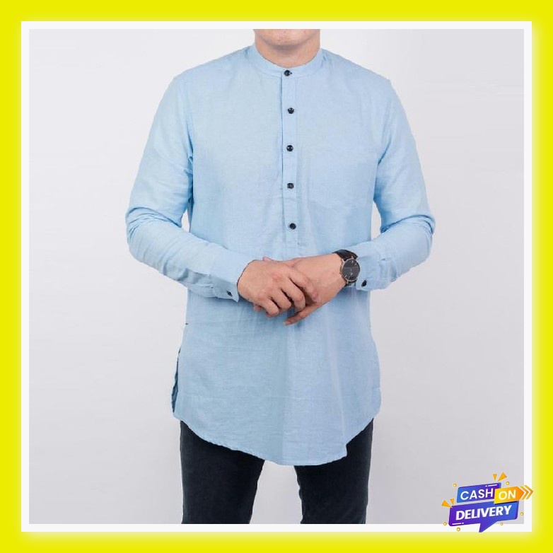 Baju Kemeja Polos Pria Cowok Cowo Dewasa Casual Kasual Warna Biru Muda Langit Softblue Lengan Tangan