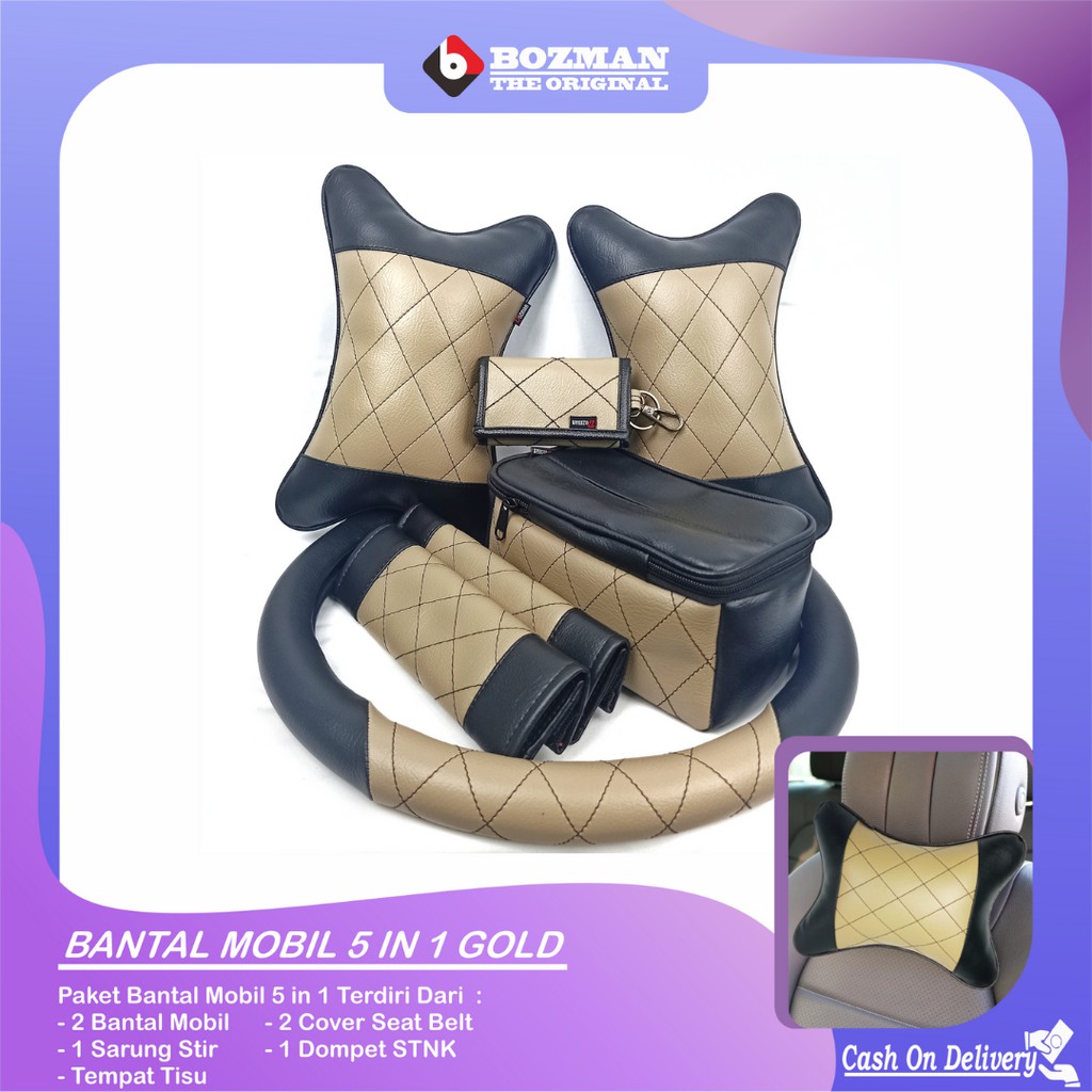 Set Bantal Mobil 5 in 1 Bantal Mobil Seatbelt Sarung Stir Dompet STNK Tempat Tissue Premium