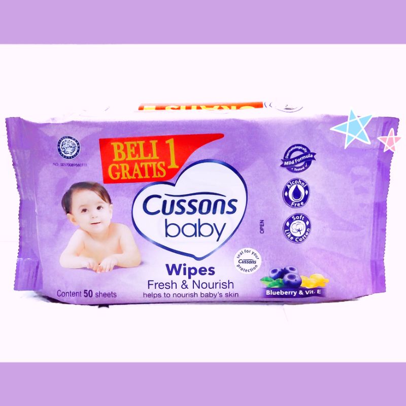 Cussons Baby wipes Ungu, Fresh &amp; Nourish, Blueberry &amp; Vit E 50 sheets