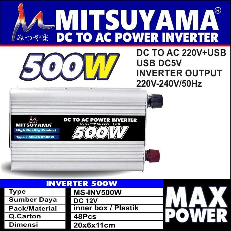 Power Inverter DC to AC 500 Watt Merek Mitsuysma With USB 5V/ Power Inverter 500W/ Inverter 500W/ Inverter Mitsuyama 500 watt | FMS