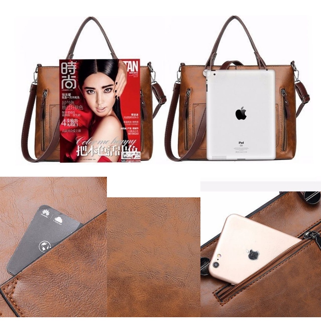 TAS SELEMPANG WANITA PREMIUM IMPORT KULIT COKLAT TA392B7 KULIAH NONALY HAND BAG TOTE BESAR KOREA ORI