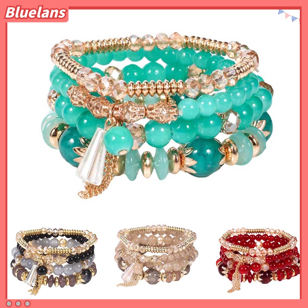 Bluelans 4Pcs Boho Faux Agate Pearl Tassel Chain Charm Beaded Bracelet Women Jewelry