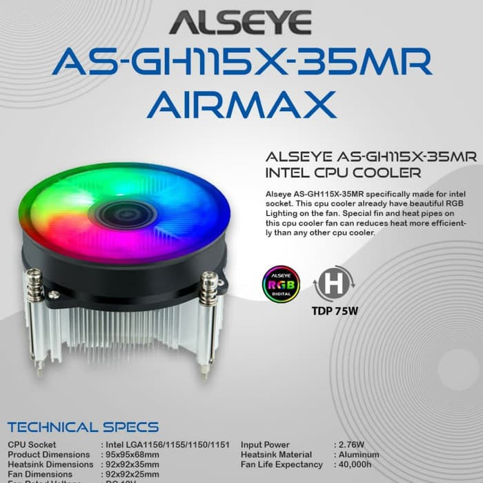 Alseye AS-GH115X-35MR Auto RGB Fan Processor intel - CPU Cooler RGB