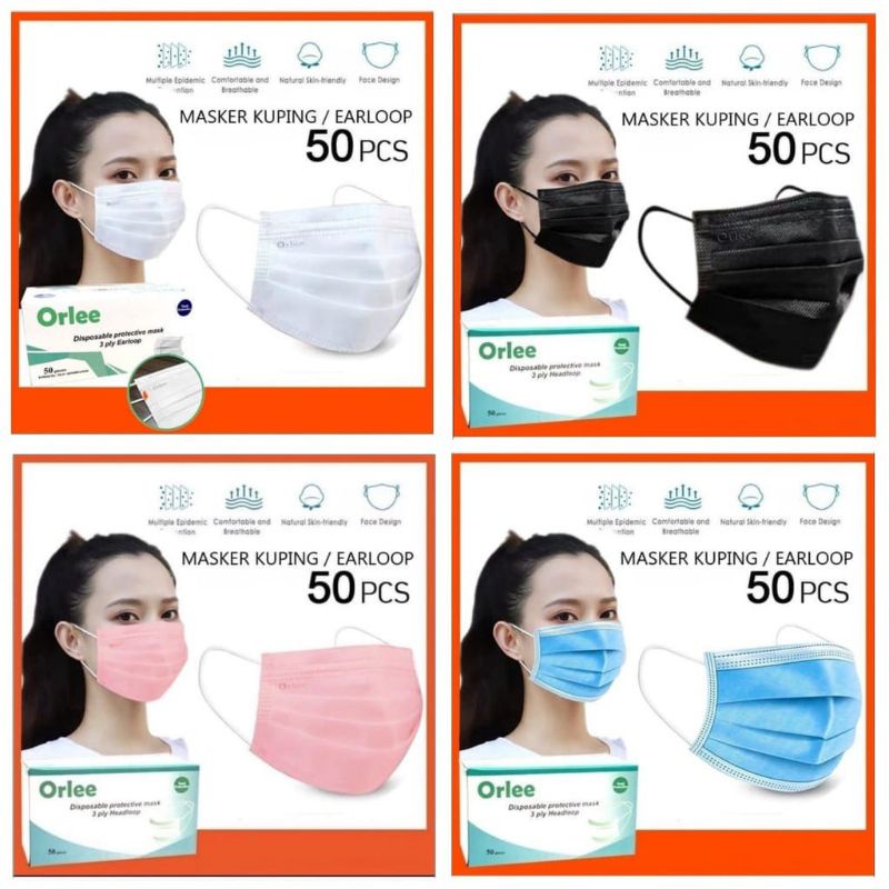 (TANPA BOX) Masker Disposable Orlee Hijab & Earloop Ready Warna Putih Hitam Pink Biru Earloop 3 Ply 