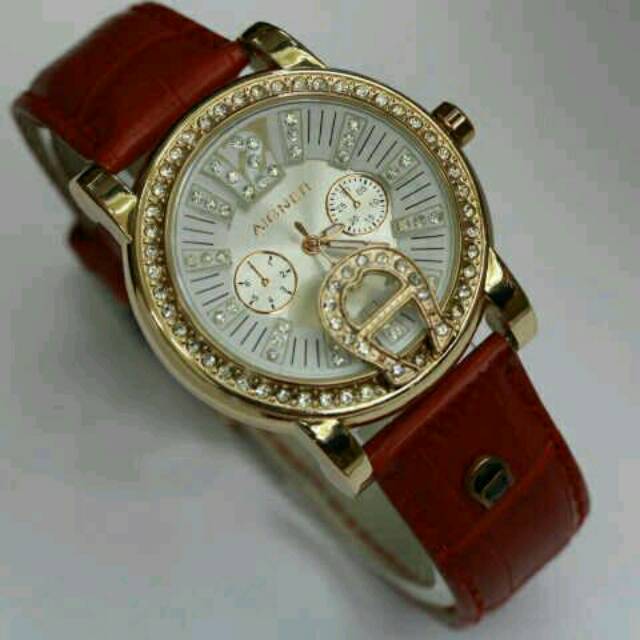 Jam Tangan Wanita Elegant Exclusive AIGNER Italy Diamond Premium Watch Leather Red