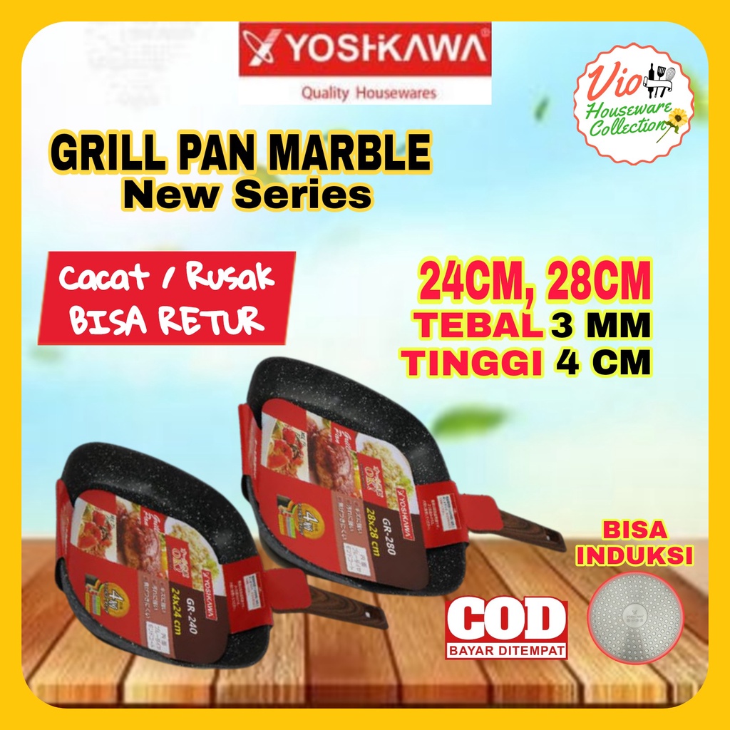 Yoshikawa Pan Pemanggang Anti Lengket Keramik 24 - 28cm / Grill Pan / Panggangan