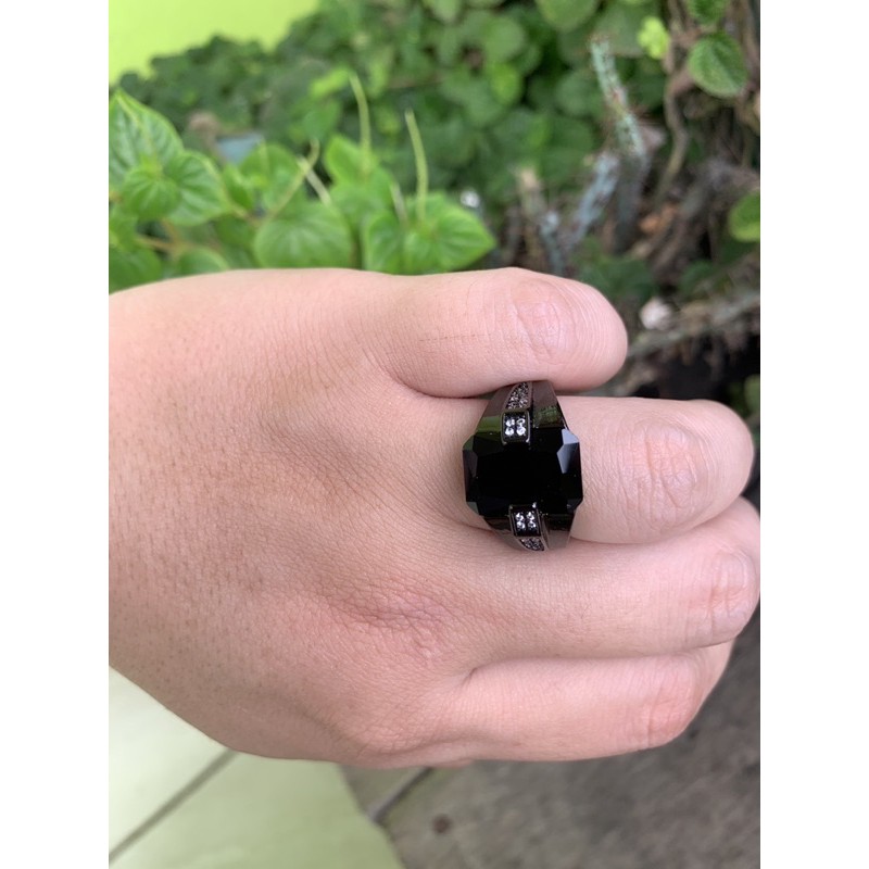 Cincin Pria Black Onyx Ring Hitam Platted Zirconia Anti Luntur dan Karat Model Minimalis Elegan