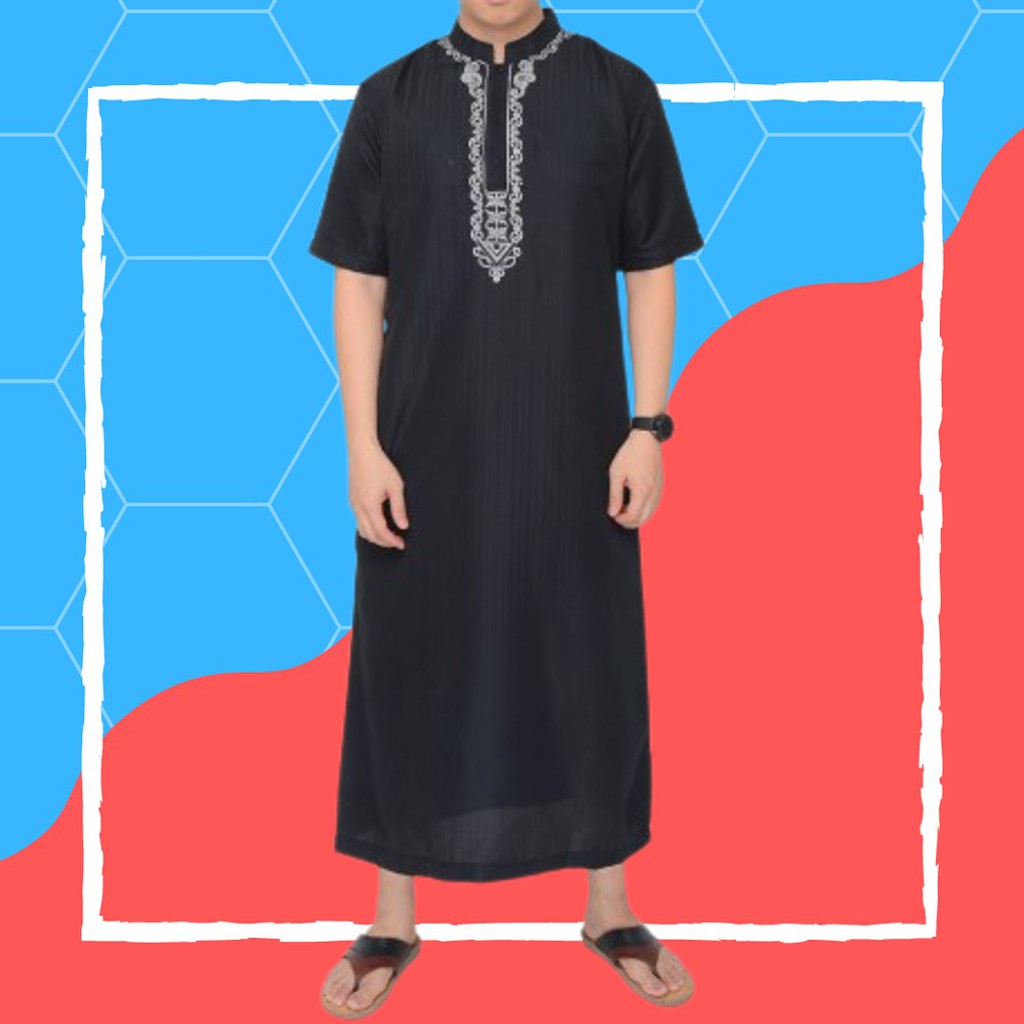 Jubah Gamis Baju Muslim Pria  Cowok Dewasa Remaja Orang Tua Bordir Hitam Lengan Pendek Motif Luar Sh