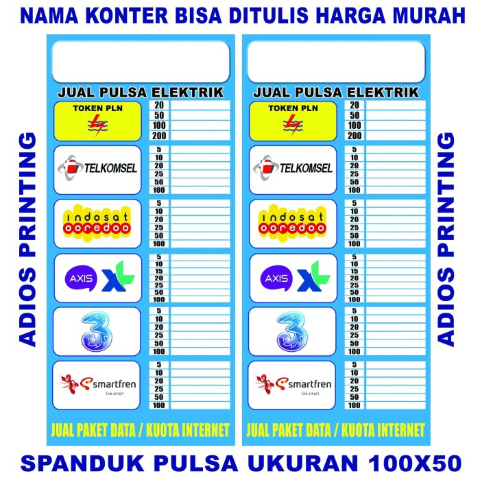 

TERLARIS !!! Spanduk Banner Tabel Harga Pulsa Konter - Bisa Tulis Sendiri 50x100 Mo