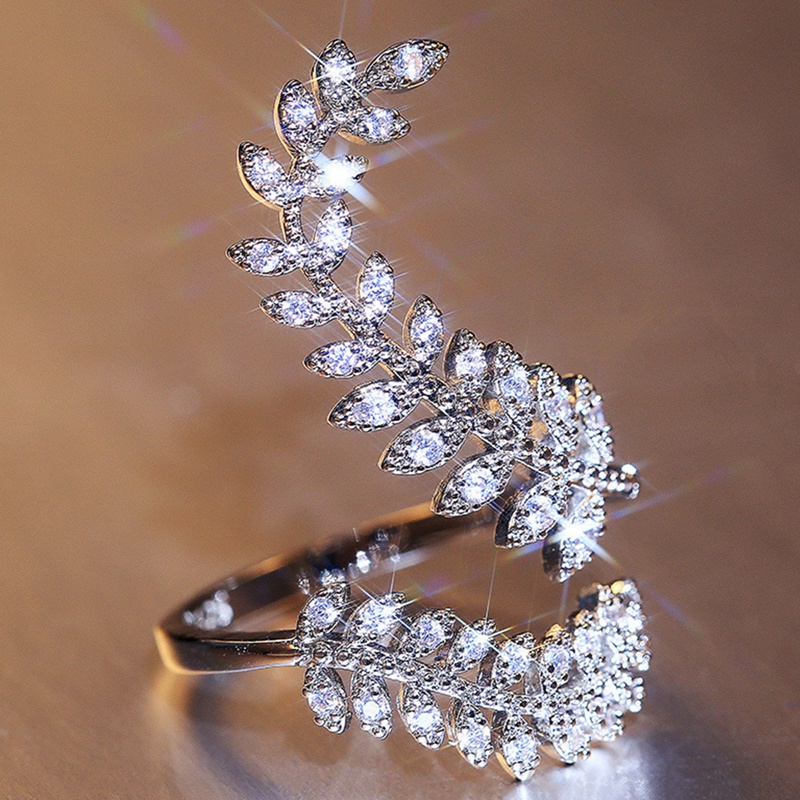 Fancyqube Perhiasan Cincin Lapis Silver Bentuk Daun Tanaman Panjang Aksen Zirkon Untuk Wanita