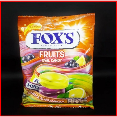 Permen Fox Crystal Clear Fruit bentuk oval rasa buah lemon dan blackcurrant