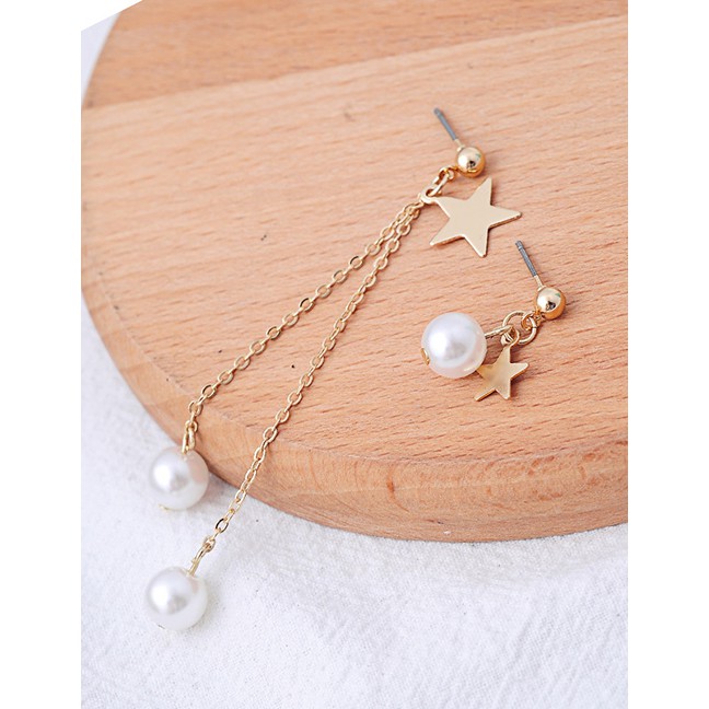 LRC Anting Tusuk Fashion Gold Asymmetrical Star Pearl Earrings F94071