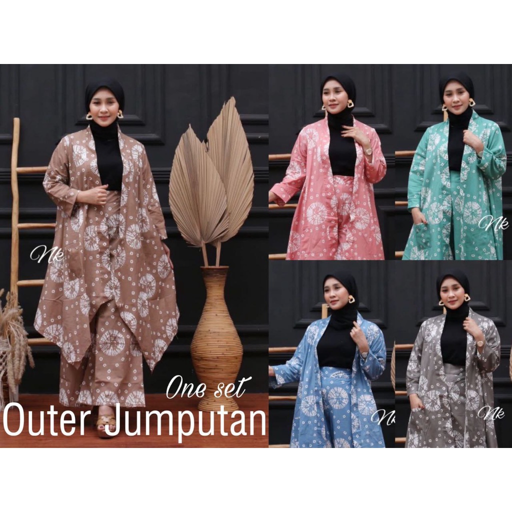 BISA PISAH -  Setelan Jumputan Cardi Jumbo One Set Celana Batik Cantik Outer Vest Katun Solo Cap Warna Pastel Celana Kulot Soft Cardi Panjang Wanita Casual