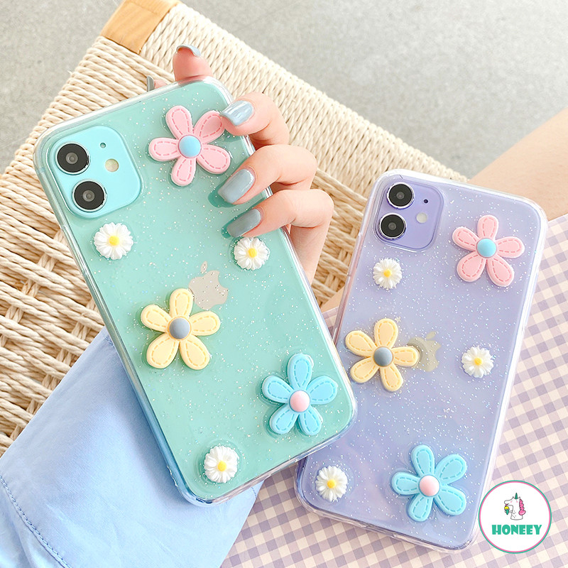 Transparent Glitter 3D Flowers Phone Case for IPhone 12 11