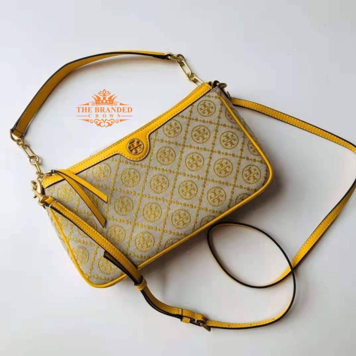 Tas Tory burch T Monogram Jacquard Zip Shoulder Bag - Goldfinch