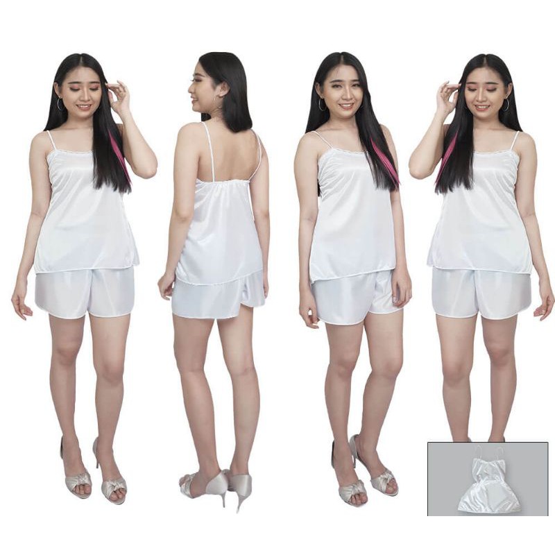 Setelan wanita sexy baju tidur tanktop dan celana pendek satin white 1442WBD