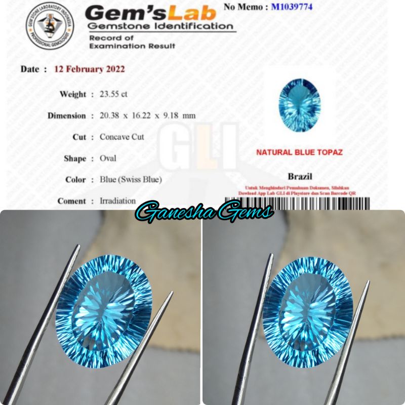 Natural Swiss Blue Topaz HQ 23.55 Ct - Memo Book GLI lab
