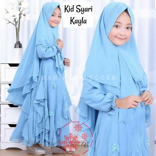 Gamis Anak Perempuan Ceruty Babydoll Terbaru 2021 Set Hijab Terla KN459 Kid Syari Kayla Ocean [Baj