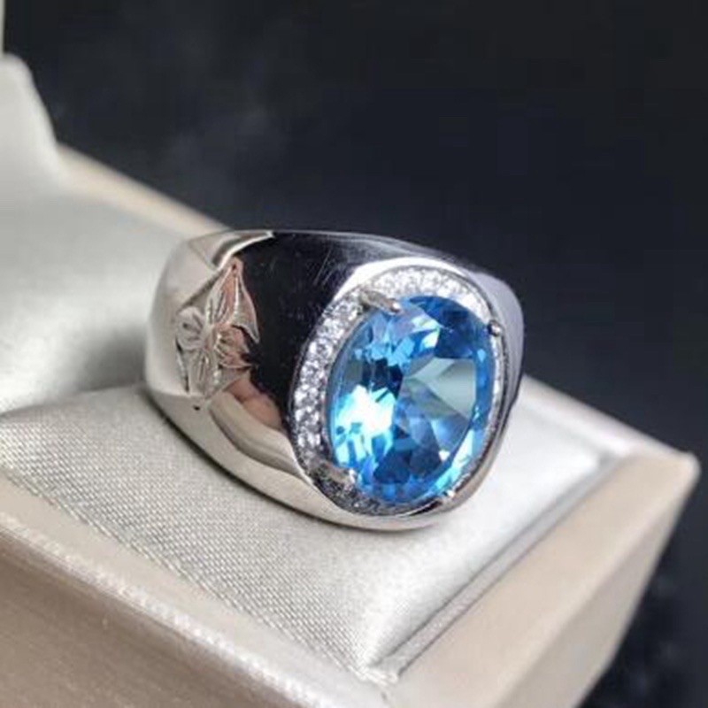 Cincin Pria Batu Permata Topaz Sky Blue Ring Warna Perak Topas Swiss