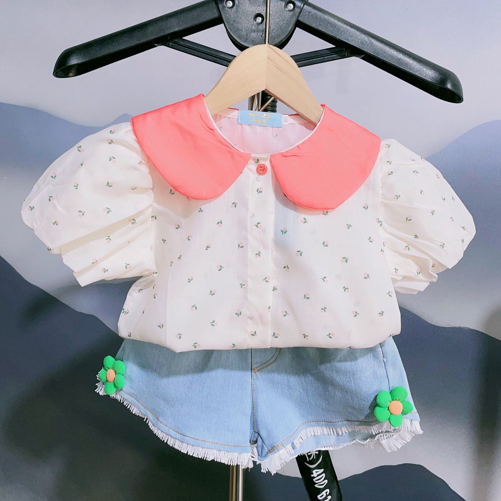 (LOLI-JKT) BS-255 SET ANAK CEWEK KERAH FLORET 2 WARNA + CELANA DENIM SIZE 100-140