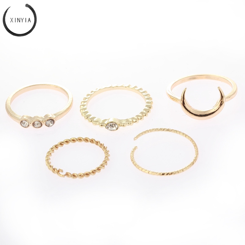 5Pcs Cincin Vintage Boho Model Stackable Bulan untuk Wanita