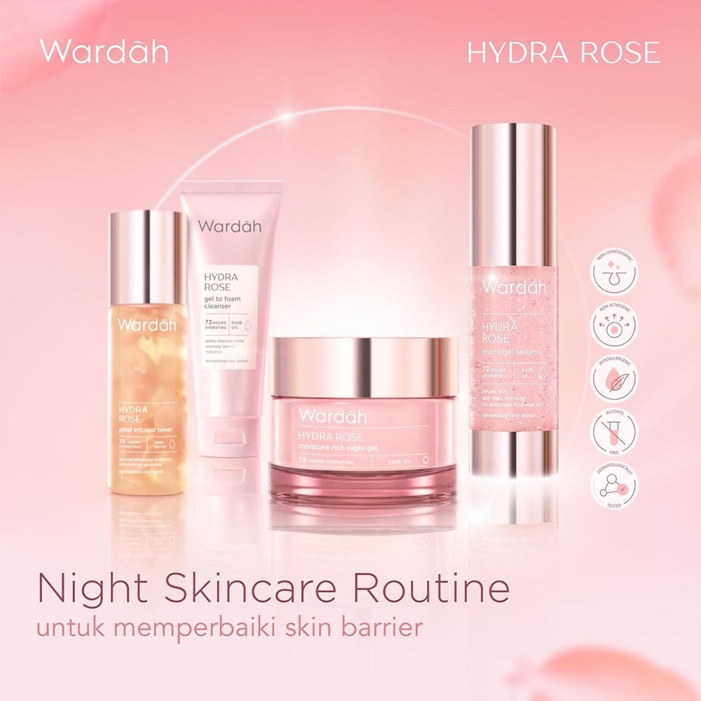 ❤ BELIA ❤  WARDAH Hydra Rose Series | Dewy Aqua Day Gel-Moisture Rich Night Gel-Foam Cleanser-Toner | BABY BUNNY | BPOM