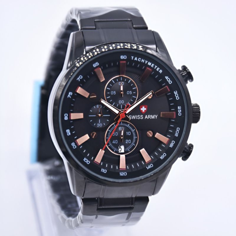 Promo Jam Tangan Pria Sporty Anti Air Swiss A+ Premium Chrono Tanggal On Tali Rantai Solid Fashion C