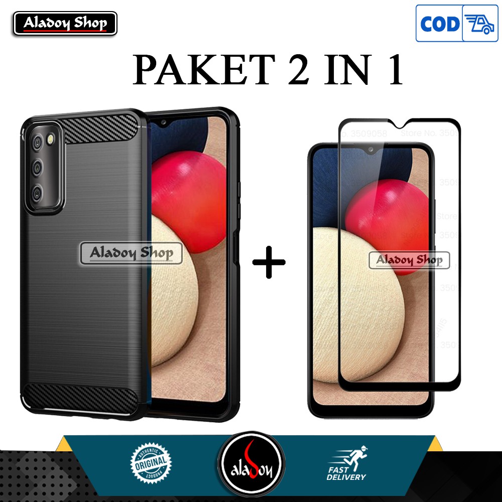 Soft Case Samsung Galaxy A02S New Casing Carbon + Tempered Glass Full Layar