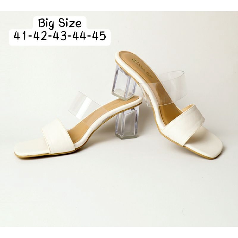 Higheels Alonaid Wanita Big Size 41-45 White Kasual / Slop Wanita Kaca Mewah Putih / Heels Slop Kaca Kekinian / Sendal JUMBO, 44